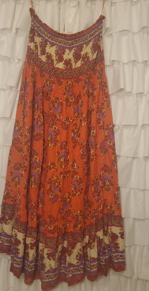 Strapless coral and purple dress